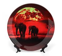 POTSCBVW Red Full Moon Elephants Wall Art, 8inch Bone China Decorative Plate with Stand, Ceramic Display Plate Set for Home Wall Hanging Decoration