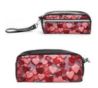 POTSCBVW Red Hearts Pencil Case Large Capacity with Two Compartments, Zipper Leather Pencil Pouch, Portable Travel Cosmetic Bag for Women Men