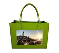 POTSCBVW Reusable Felt Bag Large Capacity, Durable Grocery Bags Lighthouse Rocks Seaside Tote Bags Stylish Commuter Work Bag, Light Green-style, One Size