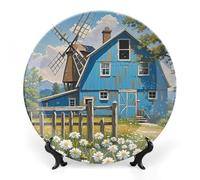 POTSCBVW Rural Blue Valley Warehouse Wall Art, 6inch Bone China Decorative Plate with Stand, Ceramic Display Plate Set for Home Wall Hanging Decoration