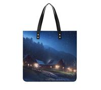 POTSCBVW Rustic Village Night Tote Bag for Women, Extra Large PU Leather Handbag, Soft Shoulder Bag for Work & Beach