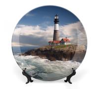POTSCBVW Sea Lighthouse Wall Art, 10inch Bone China Decorative Plate with Stand, Ceramic Display Plate Set for Home Wall Hanging Decoration
