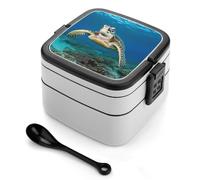 POTSCBVW Sea Turtles Bento Box, Reusable Double Layer Lunch Box with Handle & Dividers, 1000ml Leakproof Lunch Container for Office, Picnic, Travel