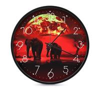 POTSCBVW Silent Non-Ticking Wall Clock 10 Inch Round, Battery Operated with Easy Mounting Kit, Red Full Moon Elephants Wall Clock Modern Decorative Clocks for Home Office Classroom