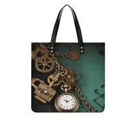 POTSCBVW Steampunk Watches Keys And Chains Tote Bag for Women, Extra Large PU Leather Handbag, Soft Shoulder Bag for Work & Beach
