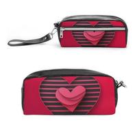 POTSCBVW Stripes And Hearts Pencil Case Large Capacity with Two Compartments, Zipper Leather Pencil Pouch, Portable Travel Cosmetic Bag for Women Men