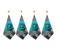 POTSCBVW Teal Grey Rose Hand Towels, 4PCS Microfiber Hand Towels with Hanging Loop, Super Absorbent Quick-Dry Bathroom & Kitchen Towel Lint-Free, 11.8 X11.8 Inch