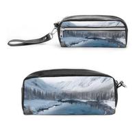POTSCBVW Winter Mountains Snow Scene Pencil Case Large Capacity with Two Compartments, Zipper Leather Pencil Pouch, Portable Travel Cosmetic Bag for Women Men