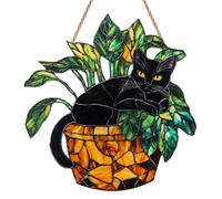Potted Black Cat Sun Catcher, Colorful Imitation Stained Glass Suncatcher for Windows, Acrylic Garden Hanging Ornaments for Cat Lovers, Vintage Decor for Garden, Patio and Hallway
