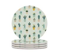 Potted Cactus Tropical Plant Round Ceramic Coasters Non-Slip Cork Base Drinks Holder Craft 4PCS