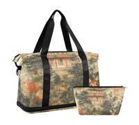 Potted Deer Pagodas Chinese Silk Painting Large Travel Bag with Wet Pocket Adjustable Strap Sports Gym Tote Bag for Airplane Traveling Foldable for Men Women
