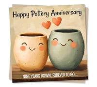 Pottery Anniversary Card for Husband, Wife - 9th Wedding, Two Pots, Hearts | for Boyfriend, Girlfriend, Partner, Fiance, Him, Her, Nine Year - Cute Faces, Warm - Blank Inside, with Envelope