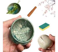 Pottery Herb Stripper Bowl,3 in 1 New Handmade Pottery Herb Stripper Bowl Ceramic,Different Round Hole Sizes for Peeling Off The Leafy Assembly with Cleaning Cloth,Wooden Leaf pounding Stick (Green)