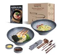 Pottery Ramen Soup Bowl Set, 2×1800ml 14 Pieces Japanese Ceramic Noodle Bowl with Spoons and Chopsticks for Pho, Udon Rice and Salad, Traditional Hand Made Gift