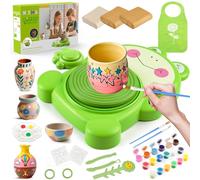 Pottery Wheel for Kids, Complete Pottery Painting Kit Arts and Crafts for Kids Ages 6-12 with 3 Pack Air Dry Clay&Clay Sculpting Tools&Foot Pedal USB Power&Apron, Birthday Festival Gifts (Frog)