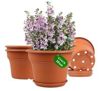 Pottiffe 10 Inch Plastic-Flower-Pot-for-Indoor-Plants, 4 Pack Large Outdoor Planter Pot with Drainage Holes & Saucers, Resin Decorative Garden Pots Planters