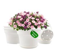 Pottiffe Plastic-Flower-Pot-for-Indoor-Plants, 4 Pack Large Outdoor Planter Pot with Drainage Holes & Saucers, Resin Decorative Garden Pots Planters, White-8 inch-4 Packs
