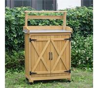 Potting Bench with Storage, Outdoor Storage Cabinet Universal Wheels, Wooden Table Metal Tabletop and Side Hooks, Gardening for Terrace, Garden