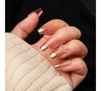 Pottoll Handmade Press on Nails French Tip Gold and White, 10PCS Reusable Medium Coffin Fake Nails, Salon Quality Ballerina False Nails