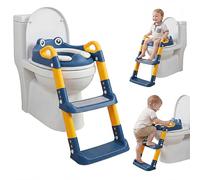 Potty Training Toilet Seat, 2 in 1 Toddler Toilet Seat with Adjustable Height PVC Soft Cushion, Comfortable Potty with Ladder for Child Baby Boy Girl Easy Step-Up(Blue)