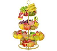 PouHenier.jh 5 Tier Fruit Basket Rack Stand, Kitchen Counter Metal Wire Tiered Produce Storage Bowl Holder for Dining Table, Stable Countertop Vegetable Display Centerpiece, No Screw Easy Setup, Gold