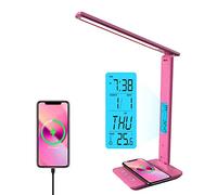 poukaran Desk Lamp, LED Desk Lamp with Wireless Charger, USB Charging Port, Table Lamp with Clock, Alarm, Date, Temperature, Office Lamp, Desk Lamps for Home Office, Pink