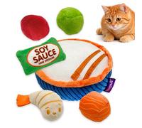 Pounce & Purr™ Poké Bowl Deluxe Interactive Cat Toy Set - 6 Piece Detachable Plush Catnip & Silvervine Playset with Sushi-Themed Toys & Kicker Bowl Base (Poke)