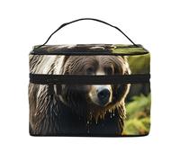 Pouncing Brown Bear Travel Makeup Bag - Bold Nature-Themed Organizer in Durable Polyester Twill