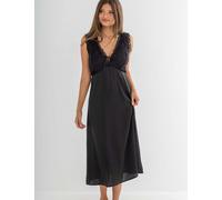 Pour Moi Dusk Satin & Lace Plunge Midi Chemise Black