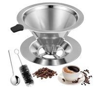 Pour Over Coffee Dripper, Stainless Steel Pour Over Coffee Filters, Paperless Mesh Cone Reusable Drip Coffees Filter Cup forCoffee Maker, with Brush and Spoon