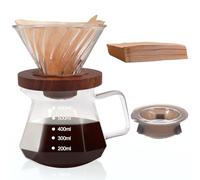 Pour Over Coffee Maker 600ml Borosilicate Glass Drip Coffeemaker Server Set with 100pcs V60 Cone Paper Filters Walnut Collar Glass Lid Clear Hand Brew Dripper Carafe for Home Camping Travel 20.29oz