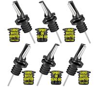 POURA 3-in-1 Liquor Pour Spout, BPA-Free Rubber & Fruit Fly Protection - Dishwasher Safe Speed Pourer for Alcohol, Olive Oil, Juice, Syrup - 6 Pack Black with Large Bottle Adapters
