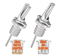 POURA 3-in-1 Liquor Pour Spout with BPA-Free Rubber & Fruit Fly Protection - Dishwasher Safe Speed Pourer for Alcohol, Olive Oil, Juice & Syrup - Silver 2 Pack with Adapters for Large Bottles