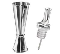 Poura Spirit Measure Jigger and Spirit Pourer Bar Set - Double Jigger with BPA-Free Natural Rubber ClickSeal Speed Spouts - Dishwasher Safe, Universal Fit