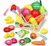 Pourbibi Wooden Toddle Play Food Toys for Children, Toy Kitchen Accessories for Grils Boys, Kids Role Play Toy Set with 16 DIY Stickers, Christmas or Birthday Gifts for 2 3 4 5 Years Old