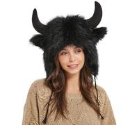 Povanjer Bison Horned Buffalo Hat | Warm Winter Hat | Unisex Adults Animal Cosplay, Furry Ear Headwear for Men and Women, Black