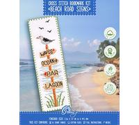 Povitrulya Beach Signs Cross Stitch Bookmark - Coastal Wood Signs Embroidery Set with Paper Pattern, 16 Count Aida Cloth and Pre-Sorted Floss
