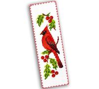 Povitrulya Cardinal - Counted Cross Stitch Bookmark Kit - DIY Embroidery Set - Hand Made Project for Adults with a Redbird Sitting on a Christmas Mistletoe