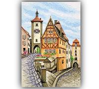 Povitrulya Cityscape Cross Stitch Kits for Adults: Embroidery Set 'Rothenburg' with Counted Pattern, 14 Count Aida Fabric and Pre-Sorted Cotton Floss