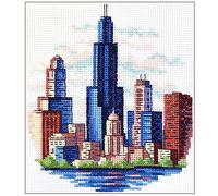 Povitrulya Counted Cross Stitch Kit for Adults “Chicago” - Chi-Town Cityscape Hand Embroidery Set with Pattern, 14-Count Aida Cloth and Pre-Sorted Cotton Threads