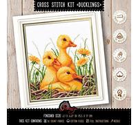 Povitrulya Cross Stitch Kit 'Ducklings' Animal Embroidery Set - Yellow Ducks Counted Pattern Included