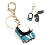 povtii Car Key Chain, Rhinestone Detail 3D Cute Car Model Keychain, Mini Cooper Metal Key Chain with Ring, Car Accessories (Lake Blue)