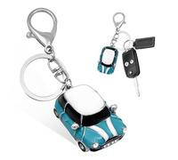 povtii Car Key Chain, Rhinestone Detail 3D Cute Car Model Keychain, Mini Cooper Metal Key Chain with Ring, Car Accessories (White&Blue)