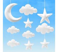Povxlum 10 Pcs 3D Hanging Cloud Set with Moon and Stars for Ceiling Decor, Felt Artificial Ceiling Clouds for Art Stage Wedding Nursery Children Room Baby Shower Cloud Props