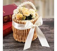 Povxlum 1pc Woven Flower Basket, Rattan Storage Basket, Flower Girl Basket, Cylindrical Handmade Flower Basket with Pearl Bow