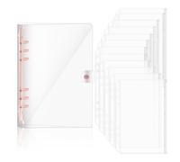 Povxlum A5 Transparent Clear Soft PVC Pink Budget Ring Binder with 12 PCS A5 Notebook Binder Loose Leaf Zip Bags, Refillable Paper, Translucent Binder Zipper Folders