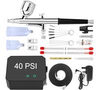 Powate Airbrush Kit with Compressor - 40PSI Dual Action Multi-Function Air Brush 3 Modes with 0.2/0.3/0.5 mm Nozzle Portable with 18 Pcs Accessories Crafts Nail Art Tattoos Cake Decorating,Black