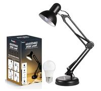 Powatron Adjustable Desk Lamp with UK Plug & E27 Bulb Included - Flexible Metal Arm, Rotatable Head, 150° Adjustable Design, On/Off Switch & 1.5m Cord - Office, Study, Bedroom (Black)