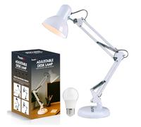 Powatron Adjustable Desk Lamp with UK Plug & E27 Bulb Included - Flexible Metal Arm, Rotatable Head, 150° Adjustable Design, On/Off Switch & 1.5m Cord - Office, Study, Bedroom (White)