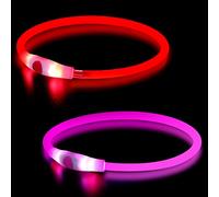 PowBear 2-pack Light up Dog Collar, Flashing LED Dog Necklace, Glow in The Dark Dog Collars, USB Rechargeable, Perfect for Any Dogs(Red + Pink)